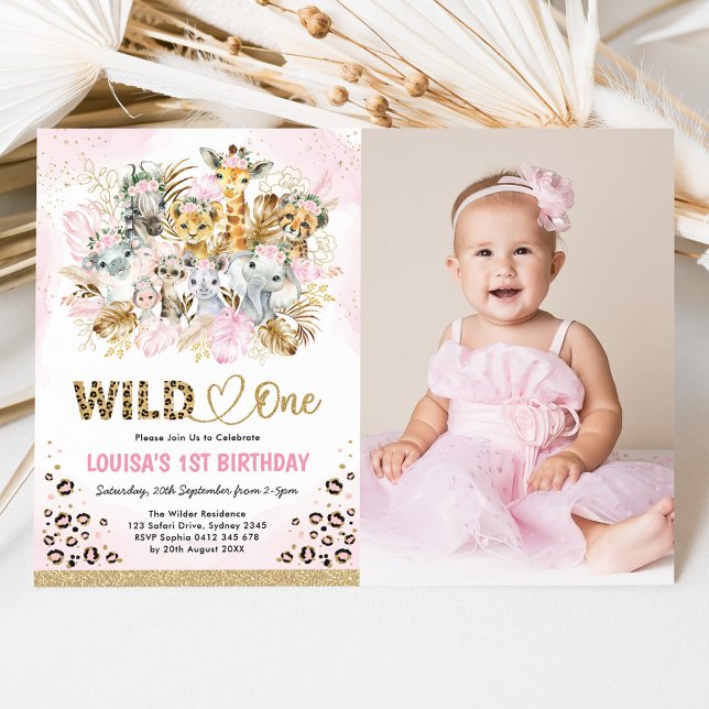 Pink Gold Boho Safari Wild One Photo Birthday Girl Invitation (Creator Uploaded)