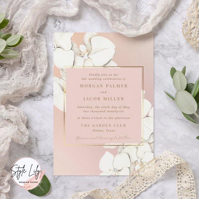 Pink Gold Botanical Orchid Floral Wedding Invitation (Creator Uploaded)
