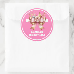 Pink Gold Bow First Birthday Classic Round Sticker