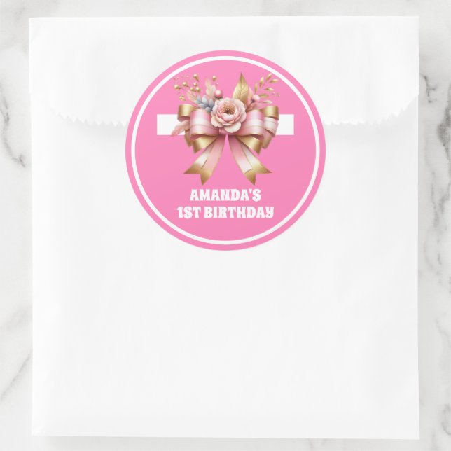 Pink Gold Bow First Birthday Classic Round Sticker (Bag)