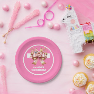 Pink Gold Bow First Birthday Paper Plate