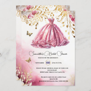 Pink gold bride to be ballgown luxury dress floral invitation