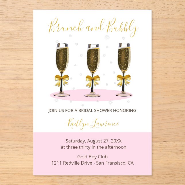 Pink Gold Brunch and Bubbly Bridal Shower Acrylic Invitations (Front)