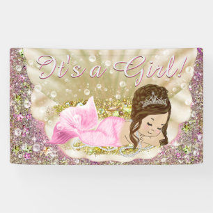 Pink Gold Brunette Mermaid Baby Shower Banner