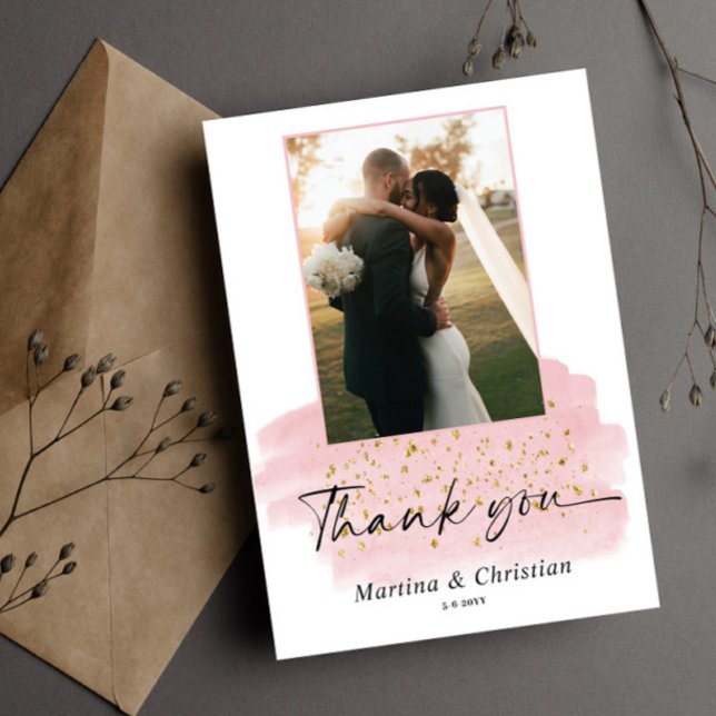 Pink Gold Brush Wedding  Thank You Card (Creator Uploaded)