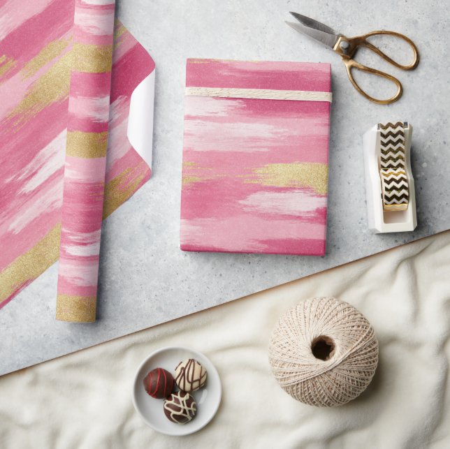 Pink Gold Brushstroke Print - Wrapping Paper Roll (Crafts)