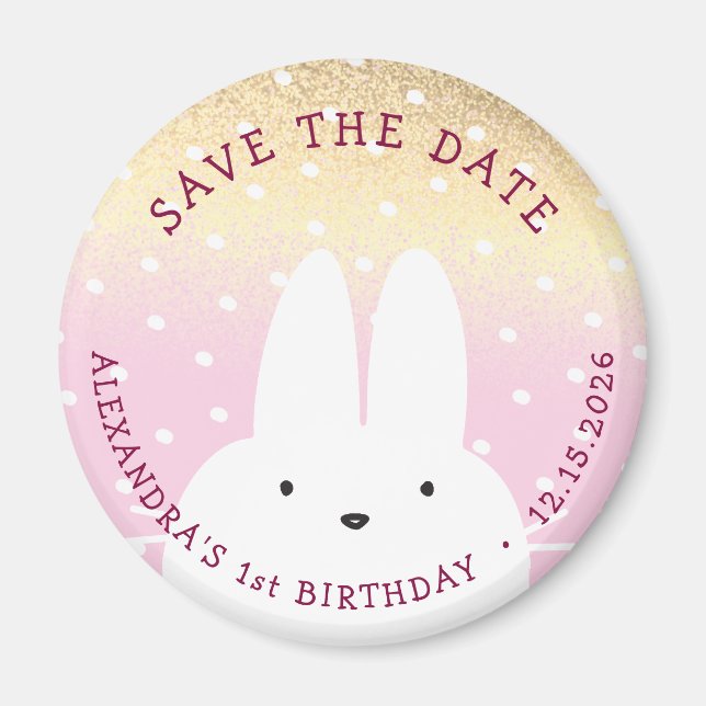 Pink Gold Bunny 1st Birthday Save the Date Magnet (Front)