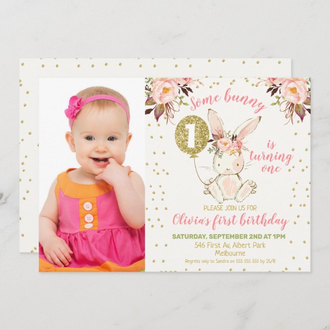 Pink Gold Bunny Photo 1st Birthday Invitation (Front/Back)