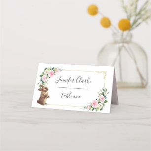 Pink & Gold Bunny Rabbit Floral Place Card