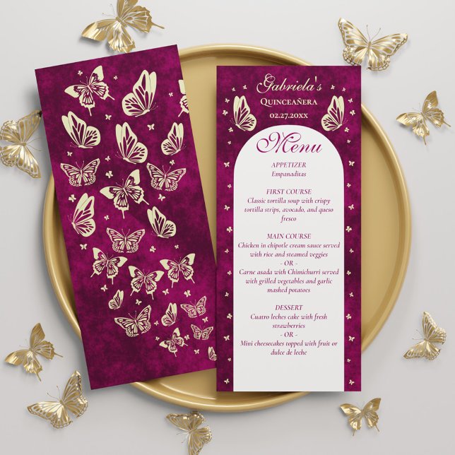 Pink Gold Butterflies Quinceañera Girl Birthday Menu (Pink Gold Butterflies Quinceañera Girl Birthday Menu)