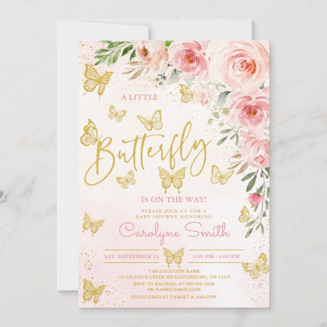 Pink Gold Butterfly Baby Shower Invitation (Front)
