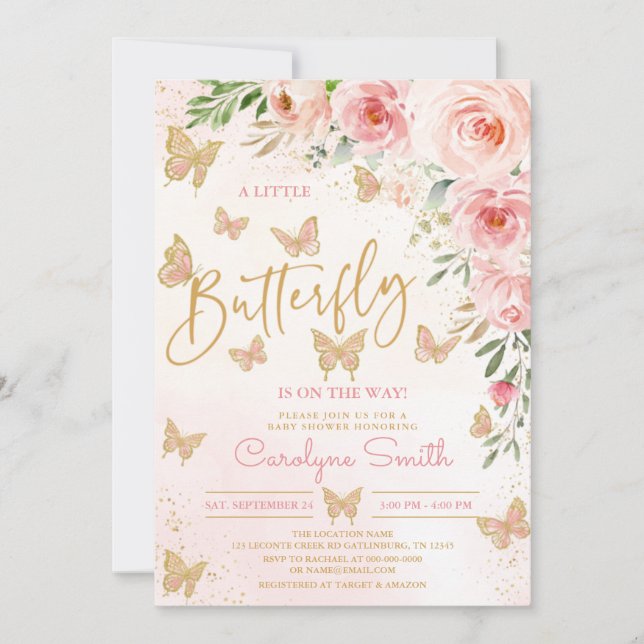 Pink Gold Butterfly Baby Shower Invitation girl (Front)