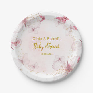 Pink Gold Butterfly Baby Shower  Paper Plate