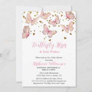 Pink & Gold Butterfly Kisses Baby Shower  Invitation