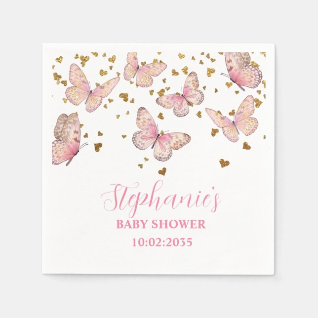 Pink & Gold Butterfly Kisses Baby Shower  Napkin (Front)