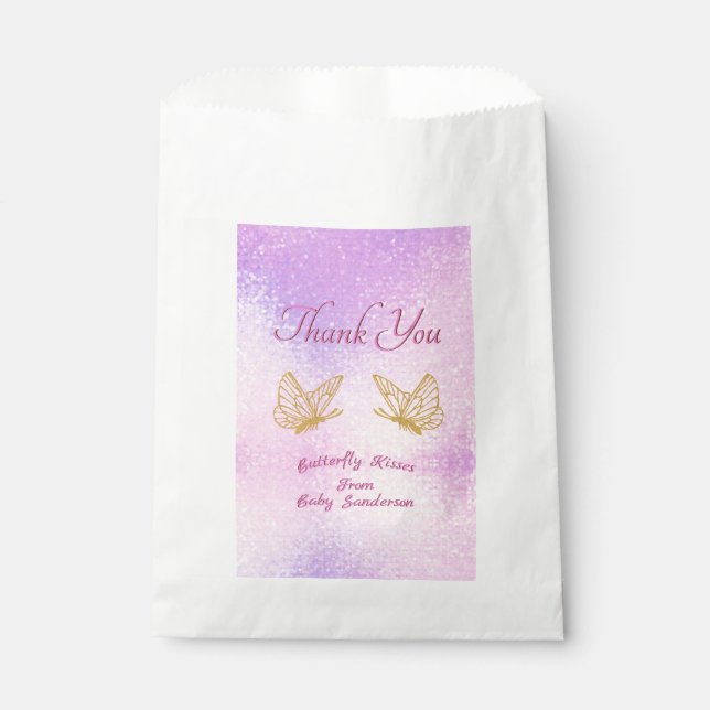 Pink Gold Butterfly Kisses Thank You Baby Shower Favour Bag (Front)