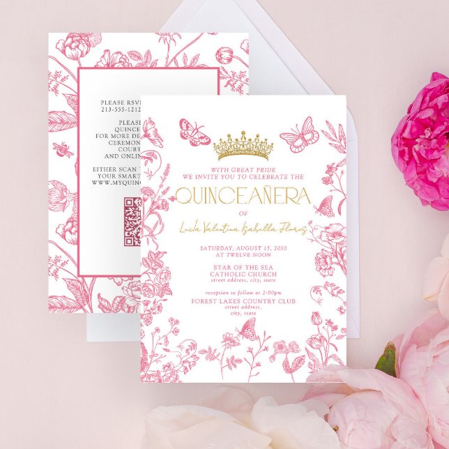 Pink Gold Butterfly QR Quinceañera Mis Quince Años Invitation (Creator Uploaded)