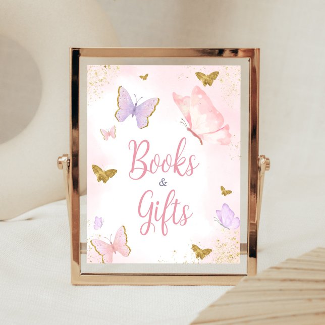 Pink Gold Butterfly Spring Books and Gifts Poster (Purple Gold Butterfly Baby Shower Books and Gifts Sign)