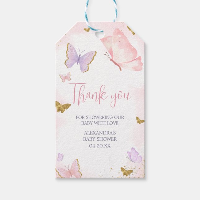 Pink Gold Butterfly Spring Favour Tags (Front)