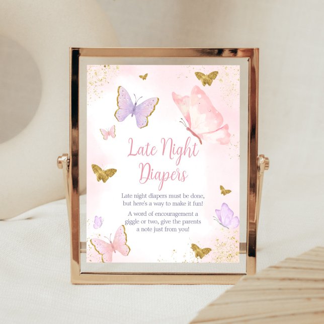 Pink Gold Butterfly Spring Late Night Diapers Poster (Purple Gold Butterfly Baby Shower Late Night Diapers Sign)