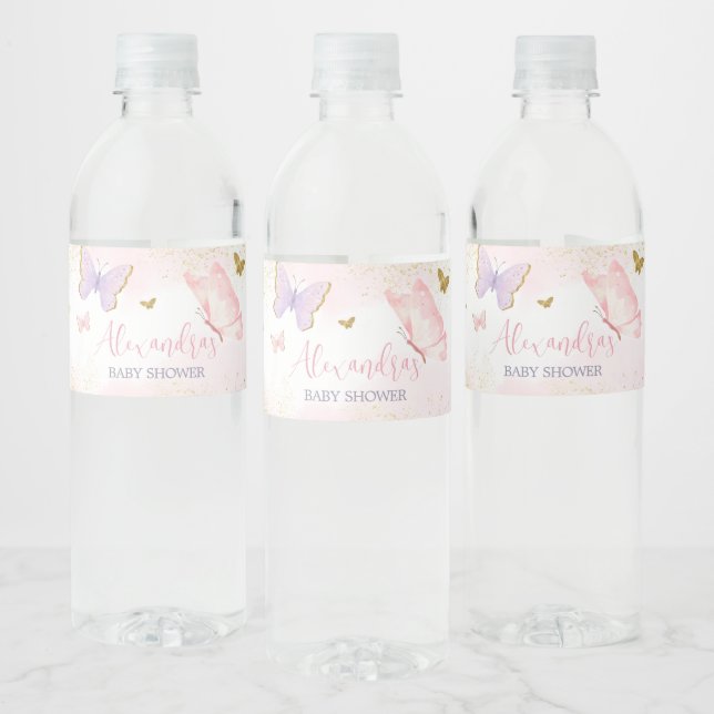 Pink Gold Butterfly Spring  Water Bottle Label (Bottles)