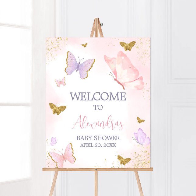 Pink Gold Butterfly Spring Welcome Poster (Purple Gold Butterfly Baby Shower Welcome Sign)