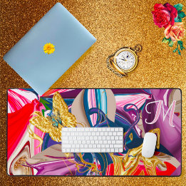 Pink Gold Butterfly Swirl Monogram Liquid Abstract Desk Mat