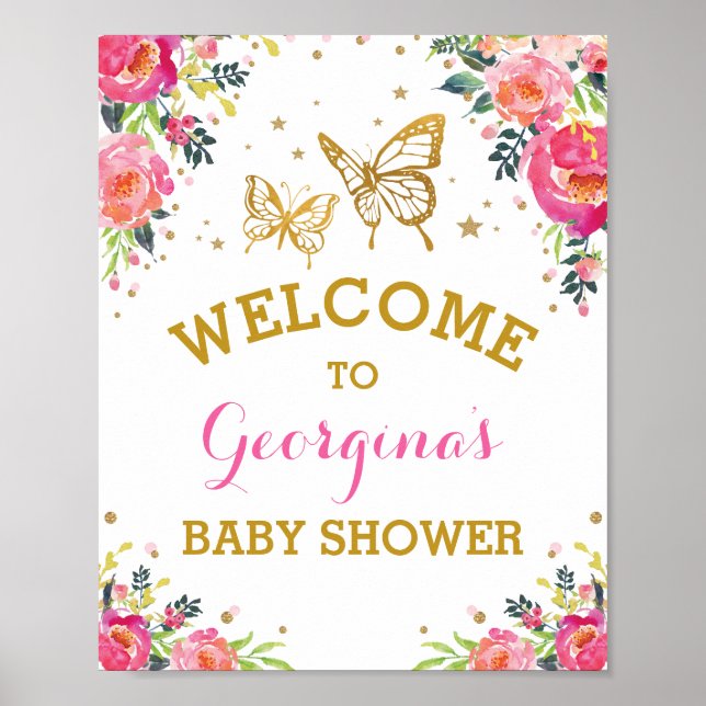Pink Gold Butterfly Watercolor Flower Welcome Poster (Front)