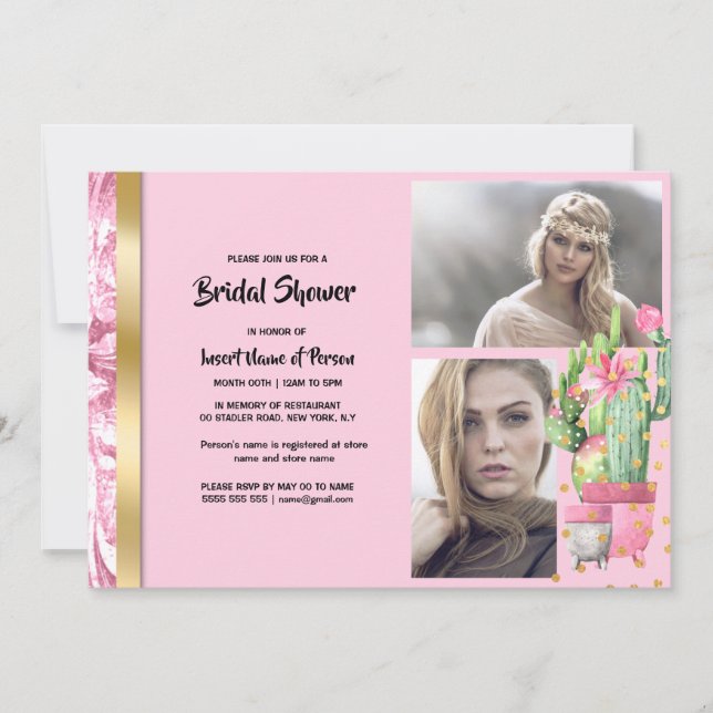 Pink gold cactus succulent two colour photo girly  invitation (Front)