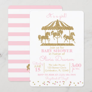 Pink & Gold Carousel Girl Baby Shower Invitation