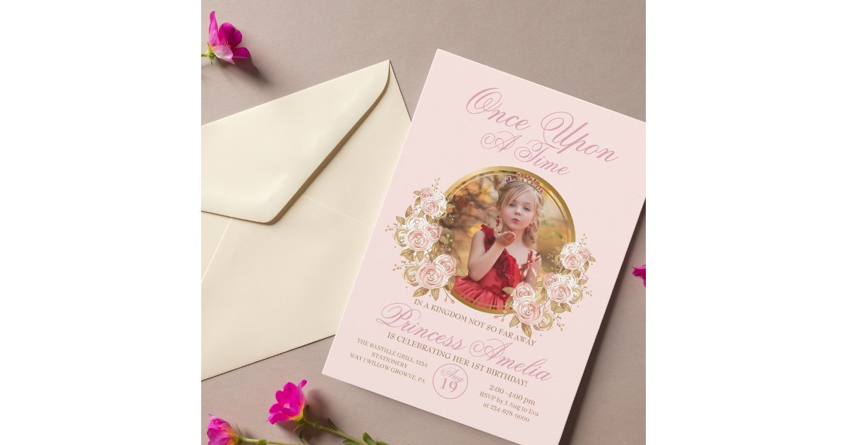 Pink Gold Castle Princess Photo 1st Birthday Invitation | Zazzle