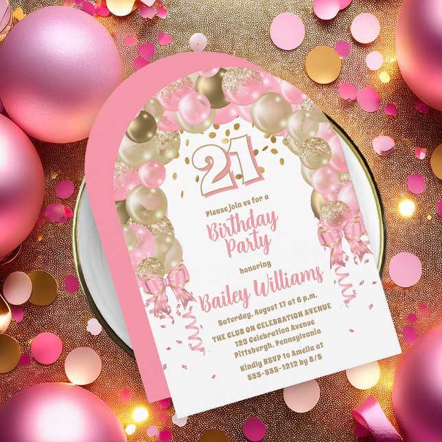 Pink Gold Celebration Balloons 21st Birthday Party Invitation (Pink | Gold  Balloons "21" 21st Birthday Party Invitations - Print and/or Download Available)