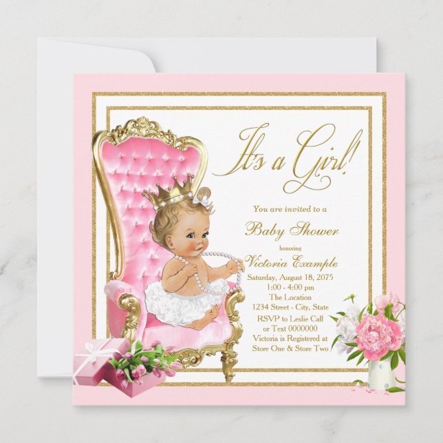 Pink Gold Chair Princess Pearl Baby Shower Invitation (Front)