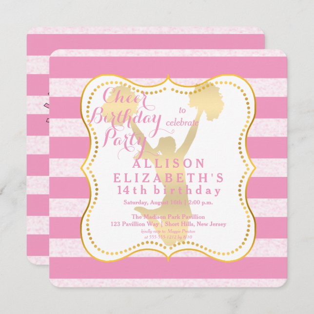 Pink | Gold Cheer Cheerleader Teen Birthday Party Invitation (Front/Back)