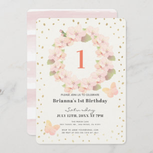 Pink & Gold Cherry Blossom Girl 1st Birthday Invitation