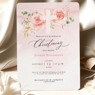 Pink & Gold Christening Invitation Roses