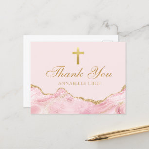 Pink Gold Christian Cross Personalised Thank You Postcard