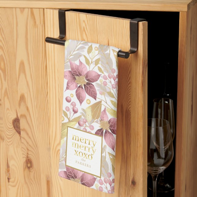 Pink Gold Christmas Merry Pattern#21 ID1009 Tea Towel (Thirds Fold)