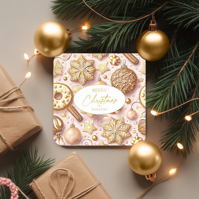 Pink Gold Christmas Pattern#12 ID1009 Square Paper Coaster (Creator Uploaded)