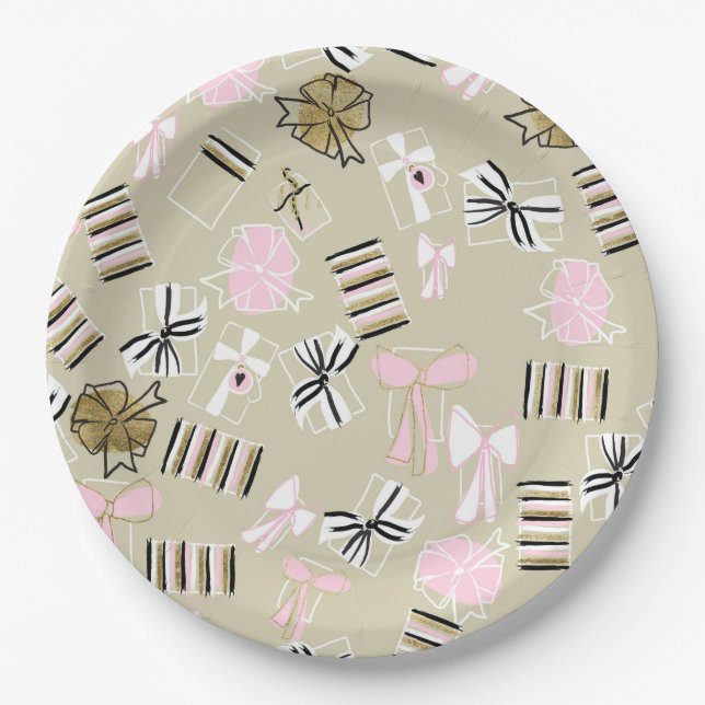 Pink & Gold Christmas Presents Patten Paper Plates (Front)