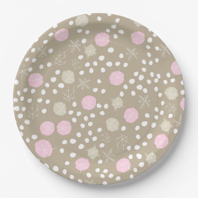 Pink & Gold Christmas Snow Pattern Paper Plates (Front)