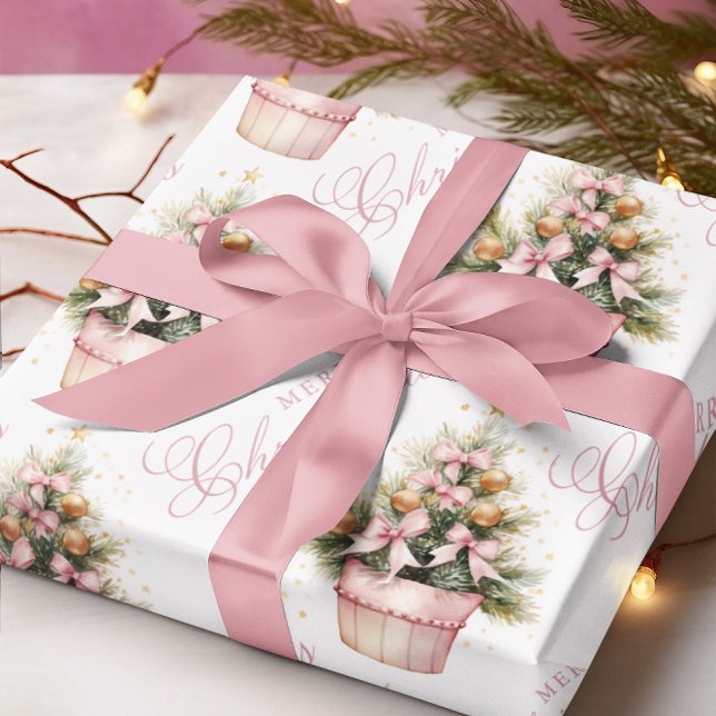 Pink Gold Christmas Tree Ornaments & Bows Wrapping Paper (Creator Uploaded)