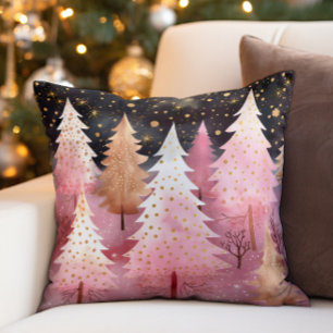 Pink Gold Christmas Trees Snowflakes Night Sky Cushion