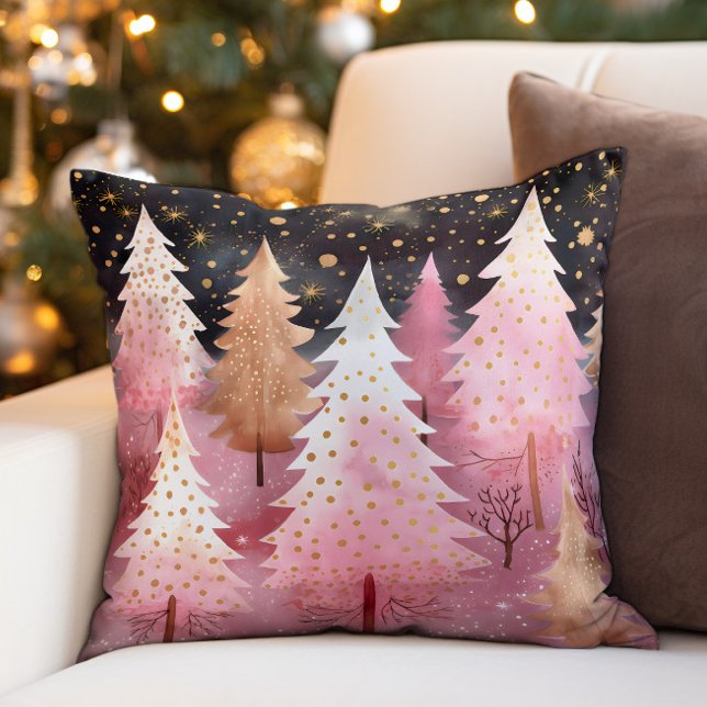 Pink Gold Christmas Trees Snowflakes Night Sky Cushion (Pink Christmas trees and gold snowflakes on black holiday decorator pillow)