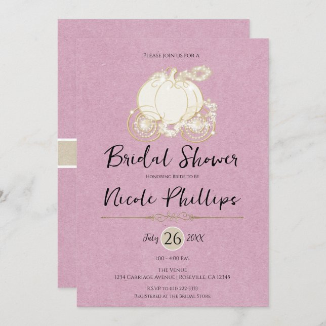 Pink Gold Cinderella Carriage Bridal Shower  Invitation (Front/Back)