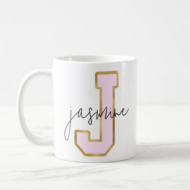 Pink Gold College Varsity Letter Monogram J Coffee Mug (Left)