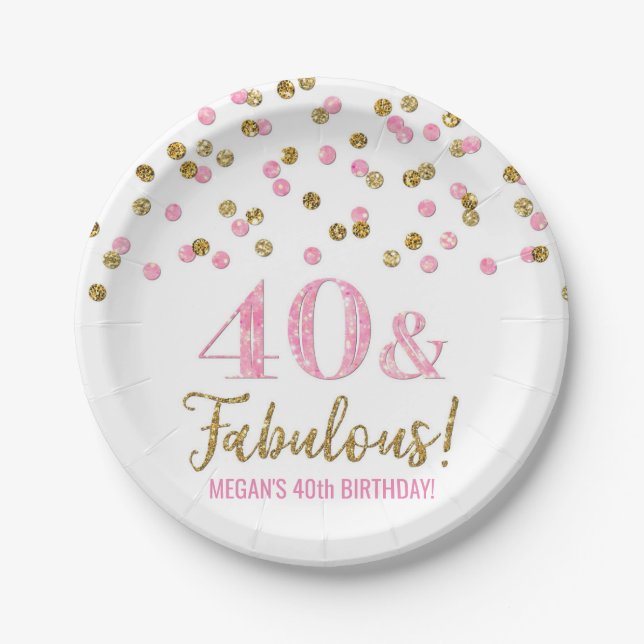 Pink Gold Confetti 40 and Fabulous Birthday Paper Plate (Front)