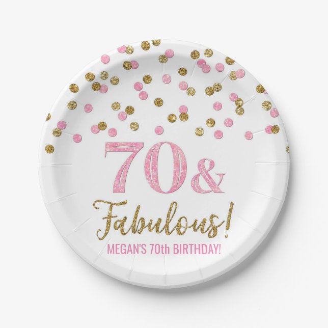 Pink Gold Confetti 70 and Fabulous Birthday Paper Plate (Front)
