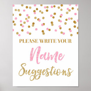 Pink Gold Confetti Baby Shower Name Suggestions Poster