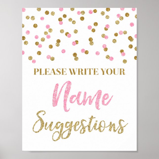 Pink Gold Confetti Baby Shower Name Suggestions Poster (Front)